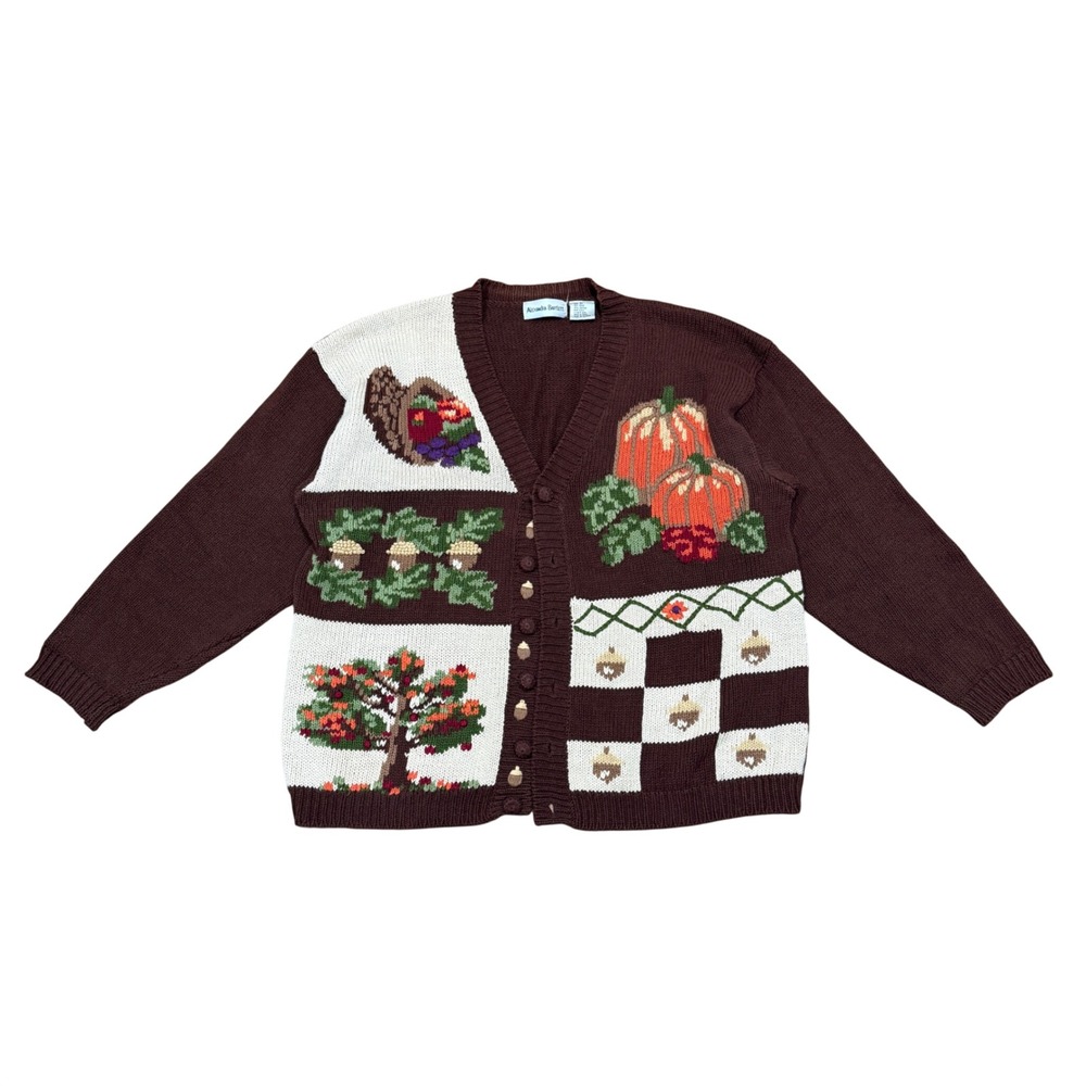 Alexandra Bartlett Fall Harvest Cardigan Sweater Brown Pumpkins Acorns Plus 3X